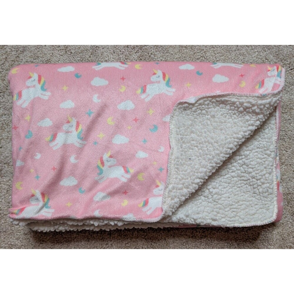 Manhattan Kids Pink Flying Unicorn Moon Stars White Sherpa Baby Blanket 30 X 38